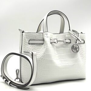 Michael Kors Carson Small Crocodile Embossed Satchel Bag Optic White Leather